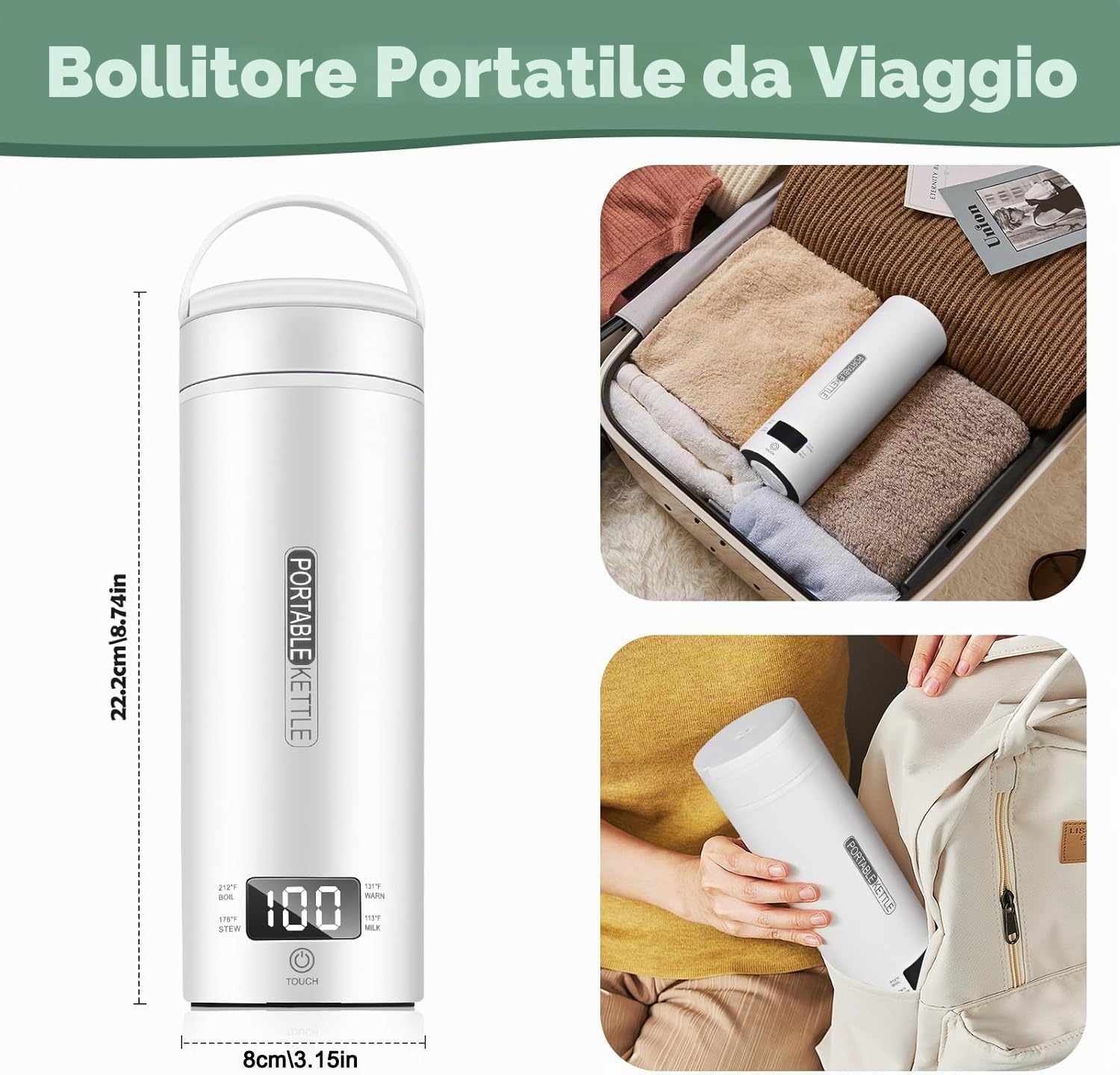 Bollitore elettrico portatile da viaggio, 450 ml, bollitore da viaggio per tè e caffè, spegnimento automatico e protezione a secco con acciaio inossidabile 316, 4 regolatori di temperatura (Bianco)