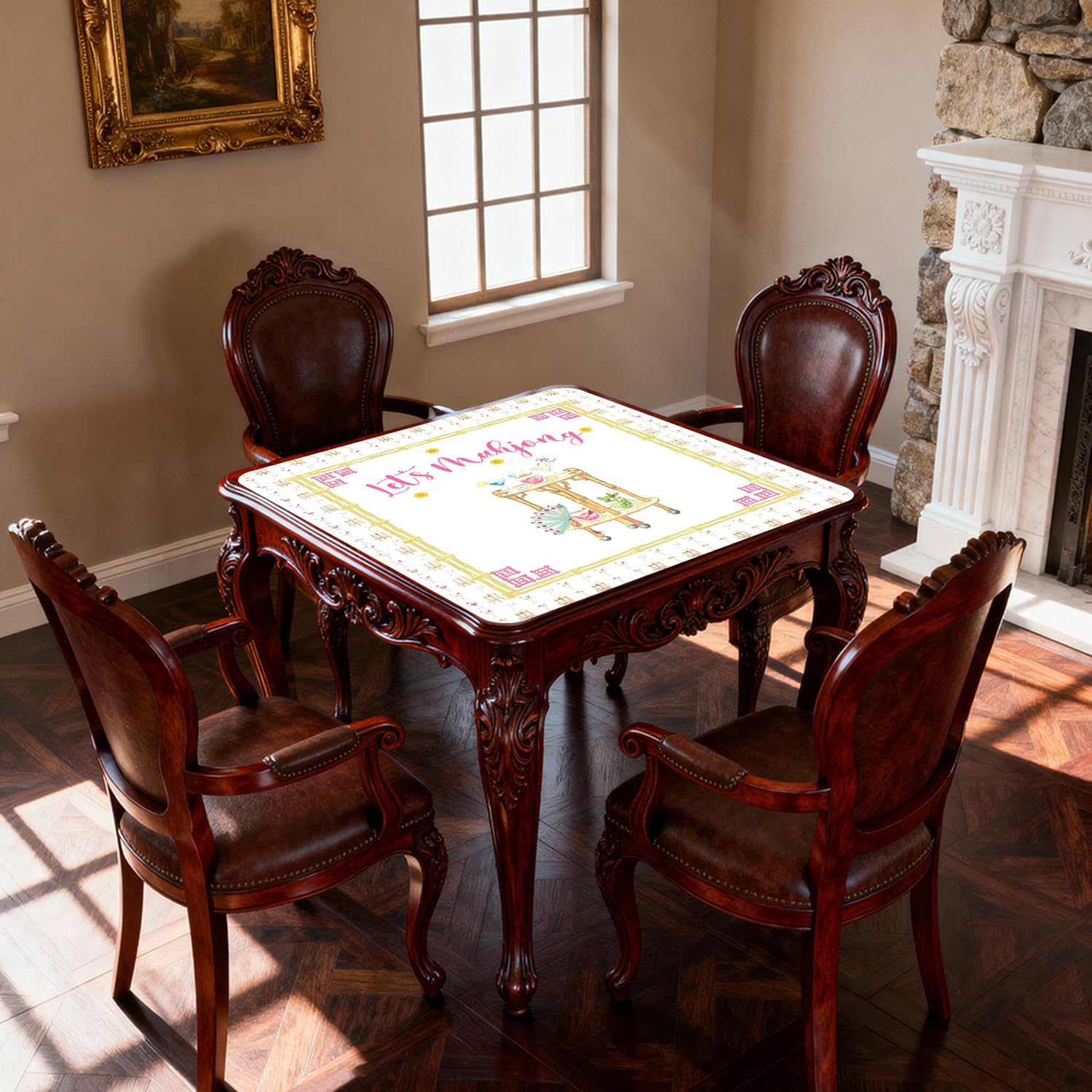 Chinoiserie Bamboo Cocktail Mahjong Mat for Table 31.5 x 31.5 in, Yellow and Pink Non-Slip Noise Reduction Mahjong Table Cover Tablecloth for Card Poker Dominoes Dice and Board Games