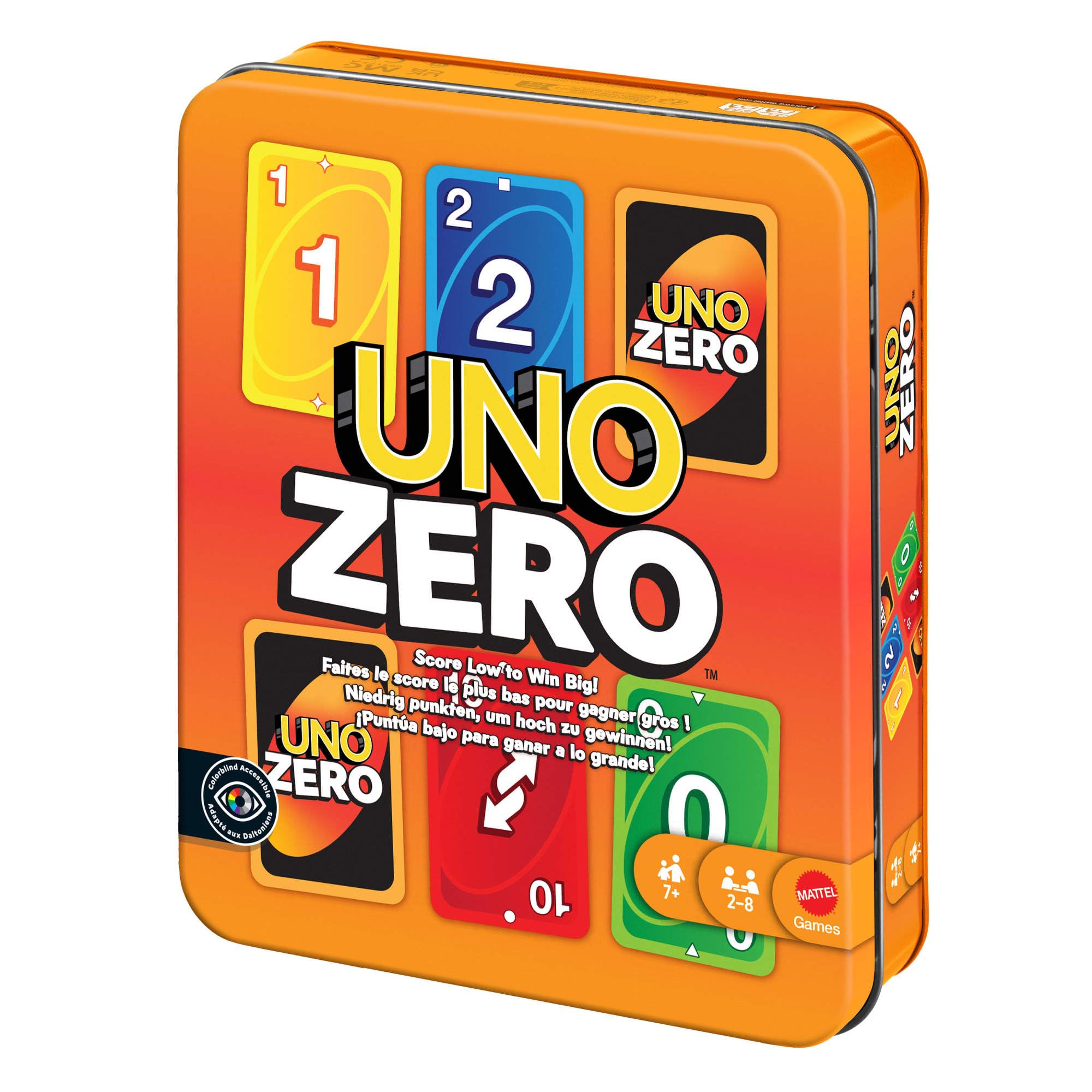 Mattel Games UNO Zero Kartenspiel in Aufbewahrungsdose zum Mitnehmen für Kinder, Erwachsene, Familienabende und Partys, enthält Kartenspiel und Punktekarte, 2 bis 8 Spieler, ab 7 Jahren, JLK16