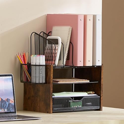 Miniatura 9 de Y YOMA Organizador de escritorio de madera con cajón y 2 soportes para bolígrafos, organizadores de escritorio compactos de malla de 4 niveles con 5