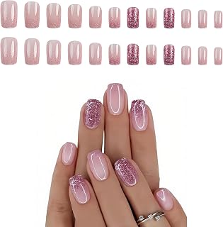 24 Stk. Press On Nägel Glitzer Rosa Ombre, Kurz Acryl Fingernägel Zum Aufkleben Selbstklebend für Damen Party Nageldesign
