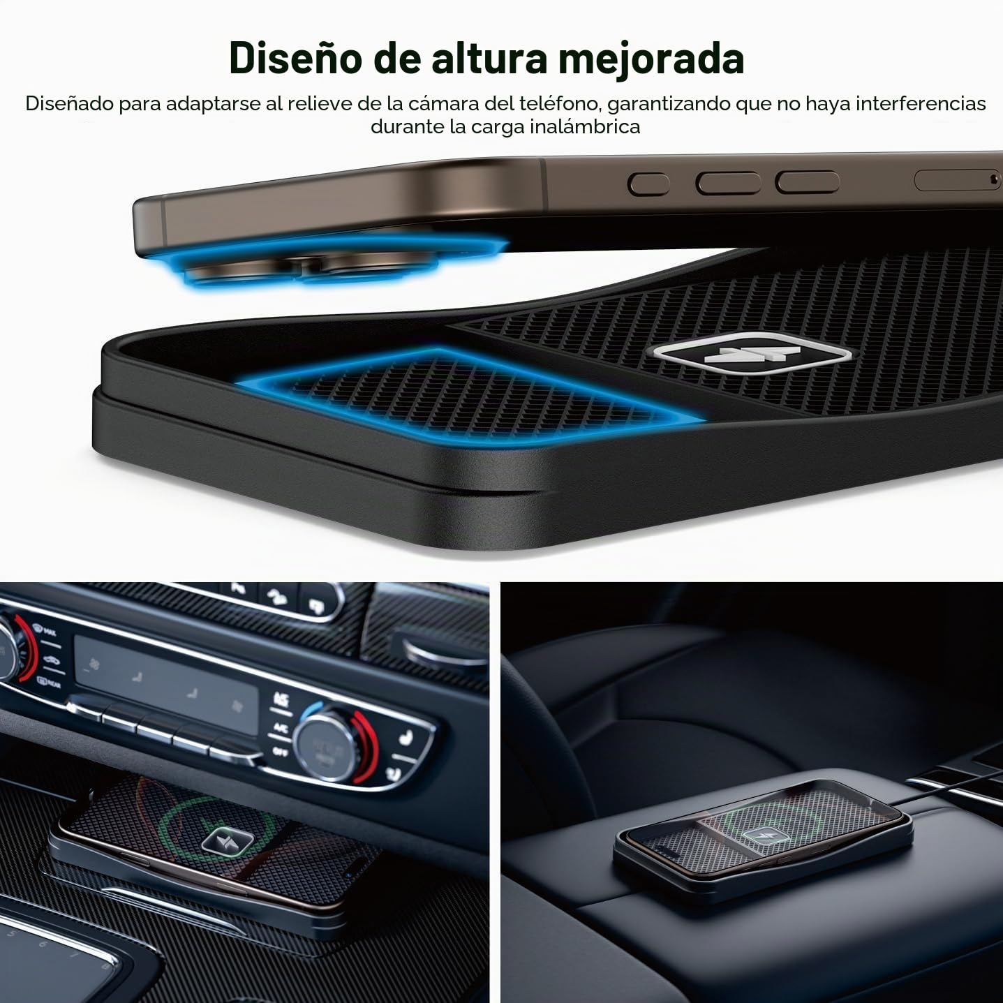 Alfombrilla Cargador Inalámbrico Coche, Polmxs 15W Cargador Coche Carga Rapida Inalambrico Antideslizante con Cable de 30cm y Extensión de 70cm, Compatible con iPhone 16/15/14/13/12, Samsung, Google