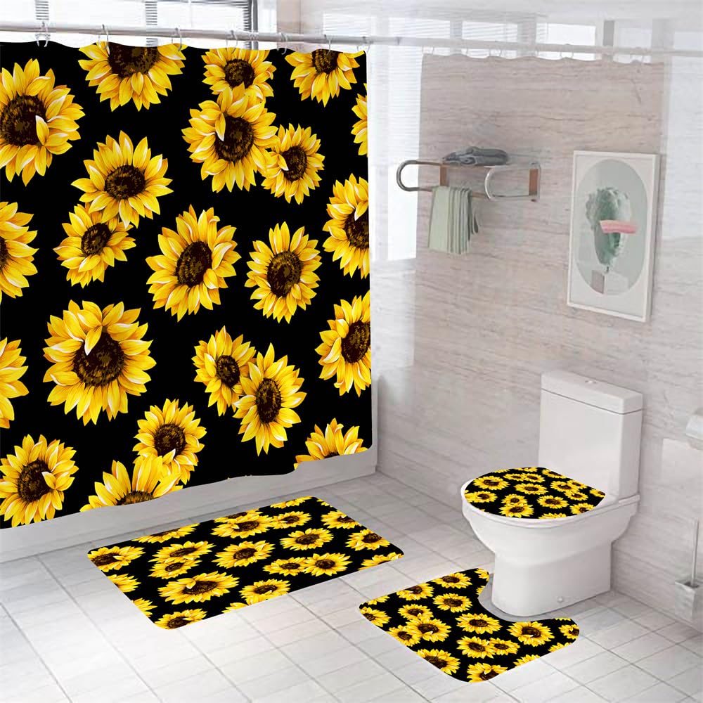 Tapis salle de bain antidérapant et absorbant à motif floral jaune et noir lavable