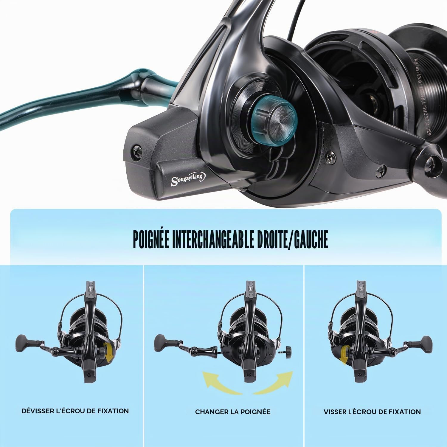 Sougayilang Moulinet de pêche au surf, 11 + 1BB en acier inoxydable, série 10000 super puissant, bobine de capacité de ligne surdimensionnée pour moulinet de pêche à la carpe en eau salée/eau douce