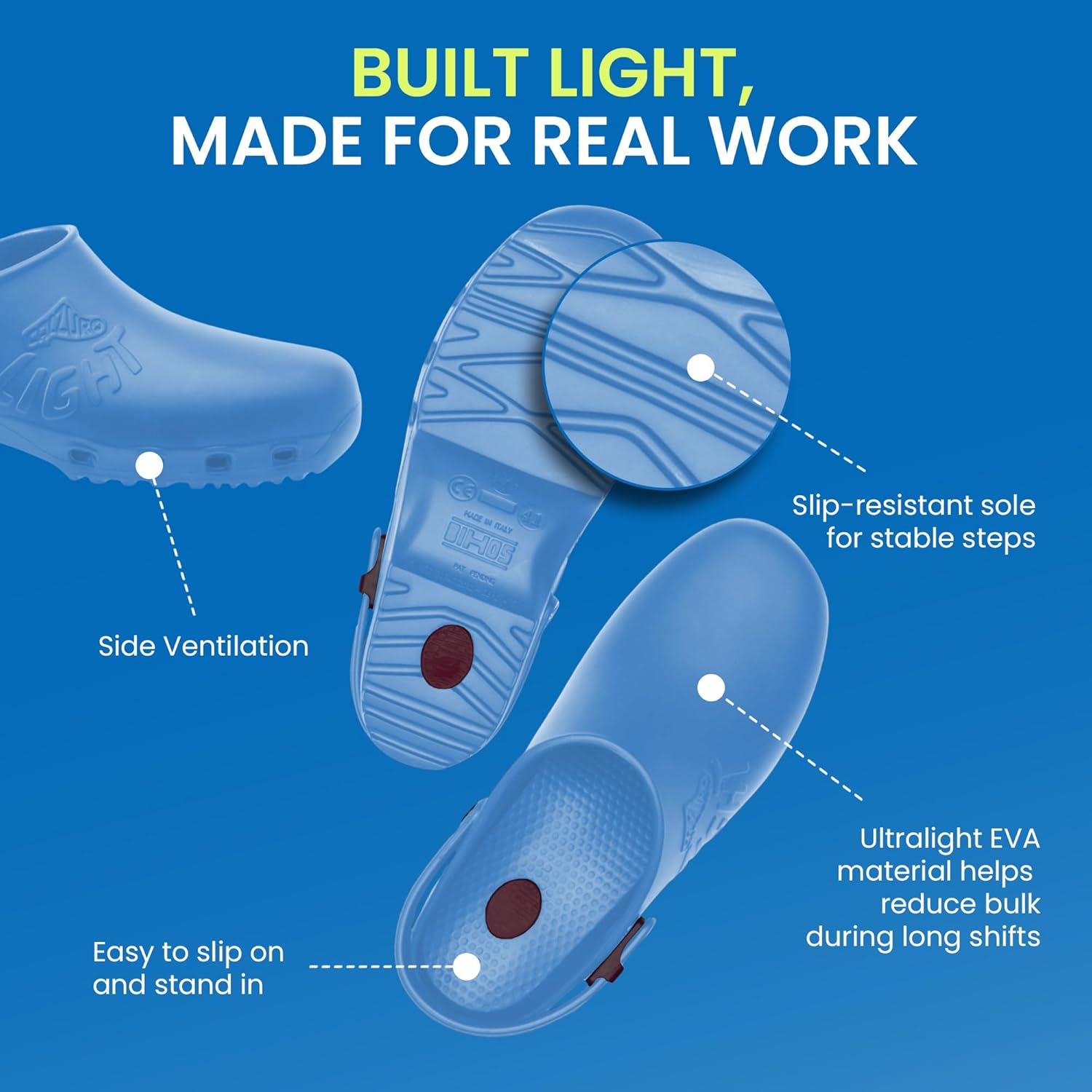 CALZURO Lights Clogs - Italian Made Lightweight Work Shoes for Professionals - EVA Non Slip Clogs for Kitchen, Hospital, Garden, Restaurant - Machine Washable Side Ventilation - Men & Women - Image 2