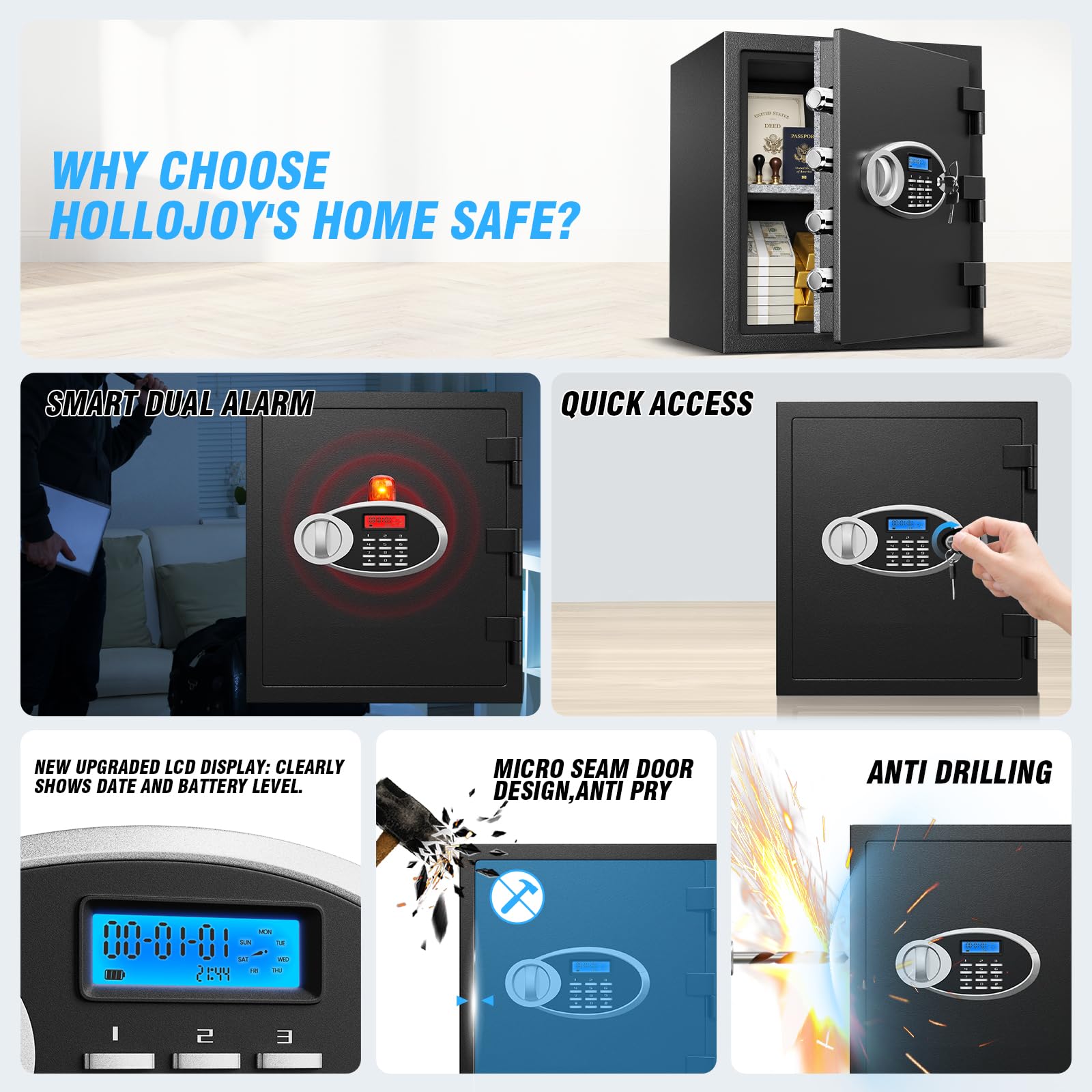 Cassaforte alta 17,72 cm di altezza, impermeabile, piccola cassaforte di sicurezza in acciaio resistente con display LCD, tastiera elettronica digitale e serratura a combinazione, cassaforte personale