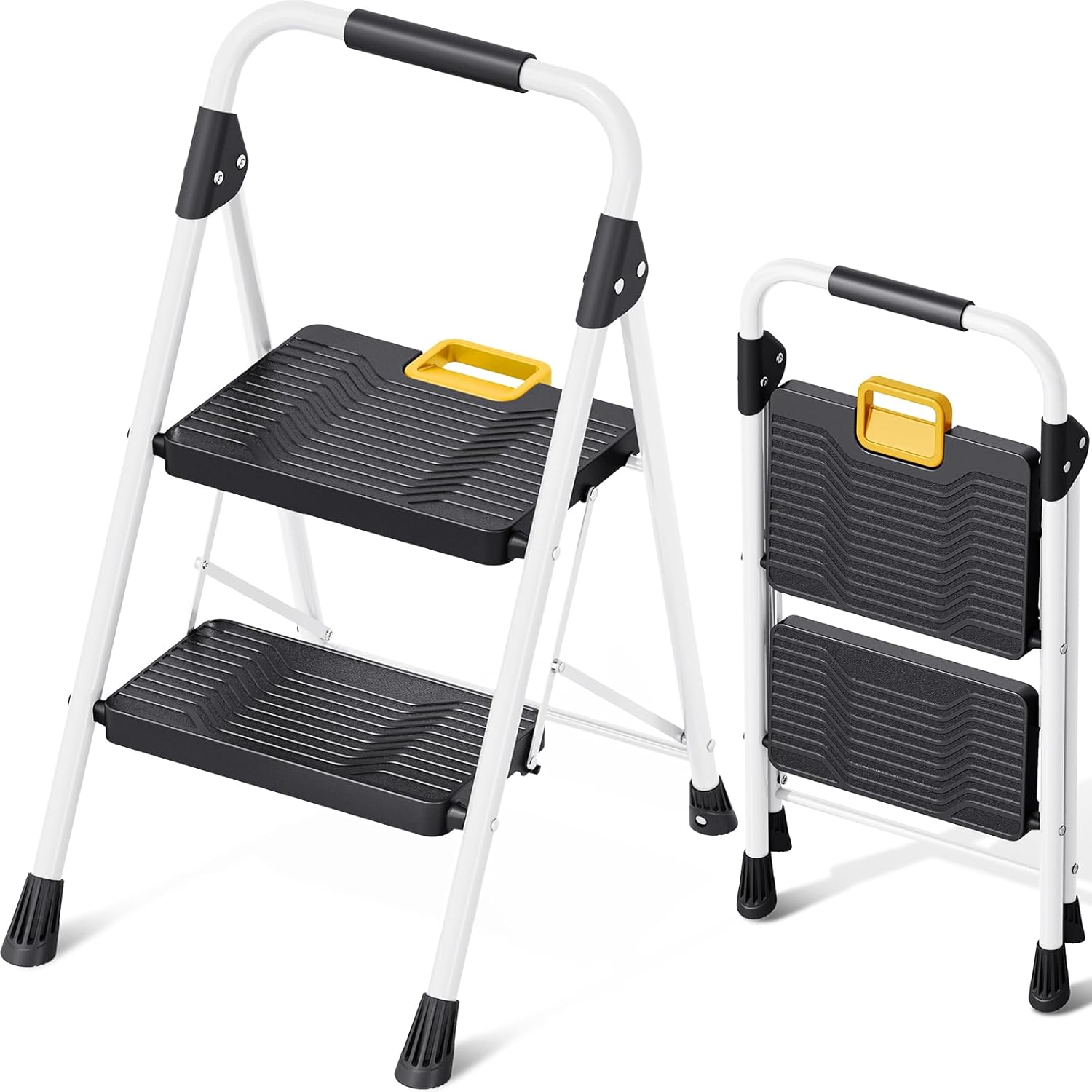 KINGRACK 2 Step Folding Ladder, 800lbs Capacity Step Stool with Safety Lock, Non-Skid Wide Pedals, and Handrail, Lightweight, Household Ladder for Home, Kitchen, Pantry, Closets, and Office Use, White