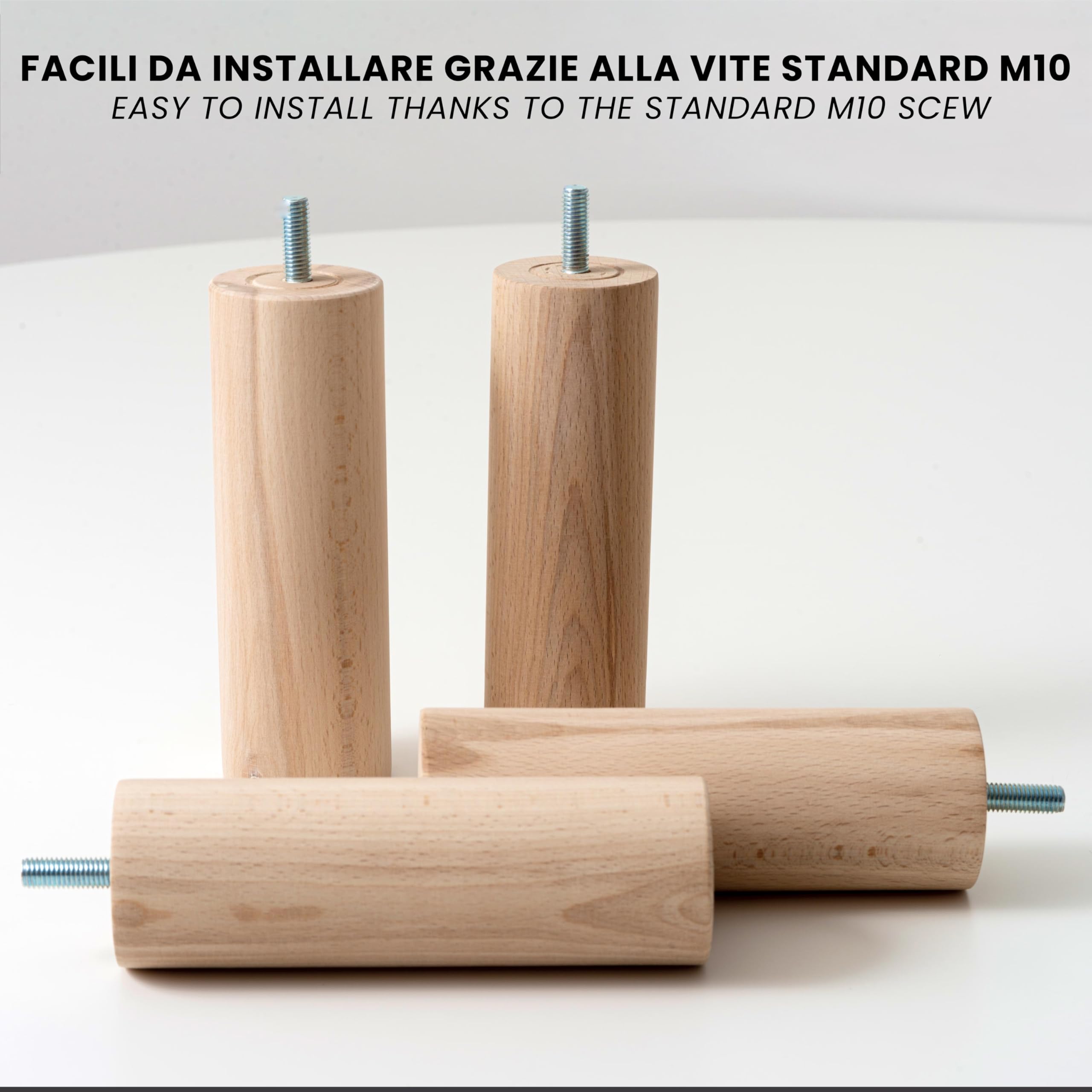 IPEA Piedini in Legno per Mobili e Divani - Altezza 140 mm – [ DESIGN MINIMAL ED ELEGANTE ] - Set di 4 Piedi in Legno Grezzo per Armadi, Poltrone, Arredamento Casa - Gambe per Letti – Vite M10