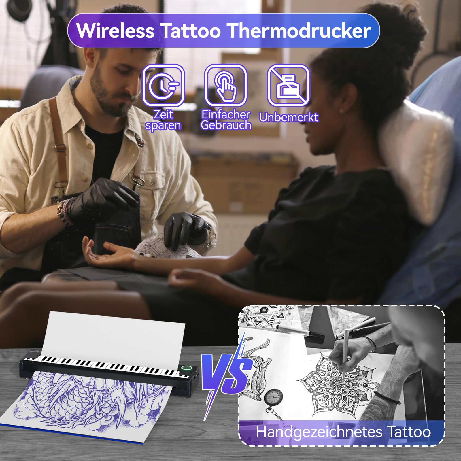 PeriPage Pino Termocopiadora Tattoo, Impresora Termica Tattoo por Transferencia para Principiantes/Artistas, Impresora de Tatuajes Térmica Compatible con Teléfono PC, con Papel Transferencia 5 Piezas