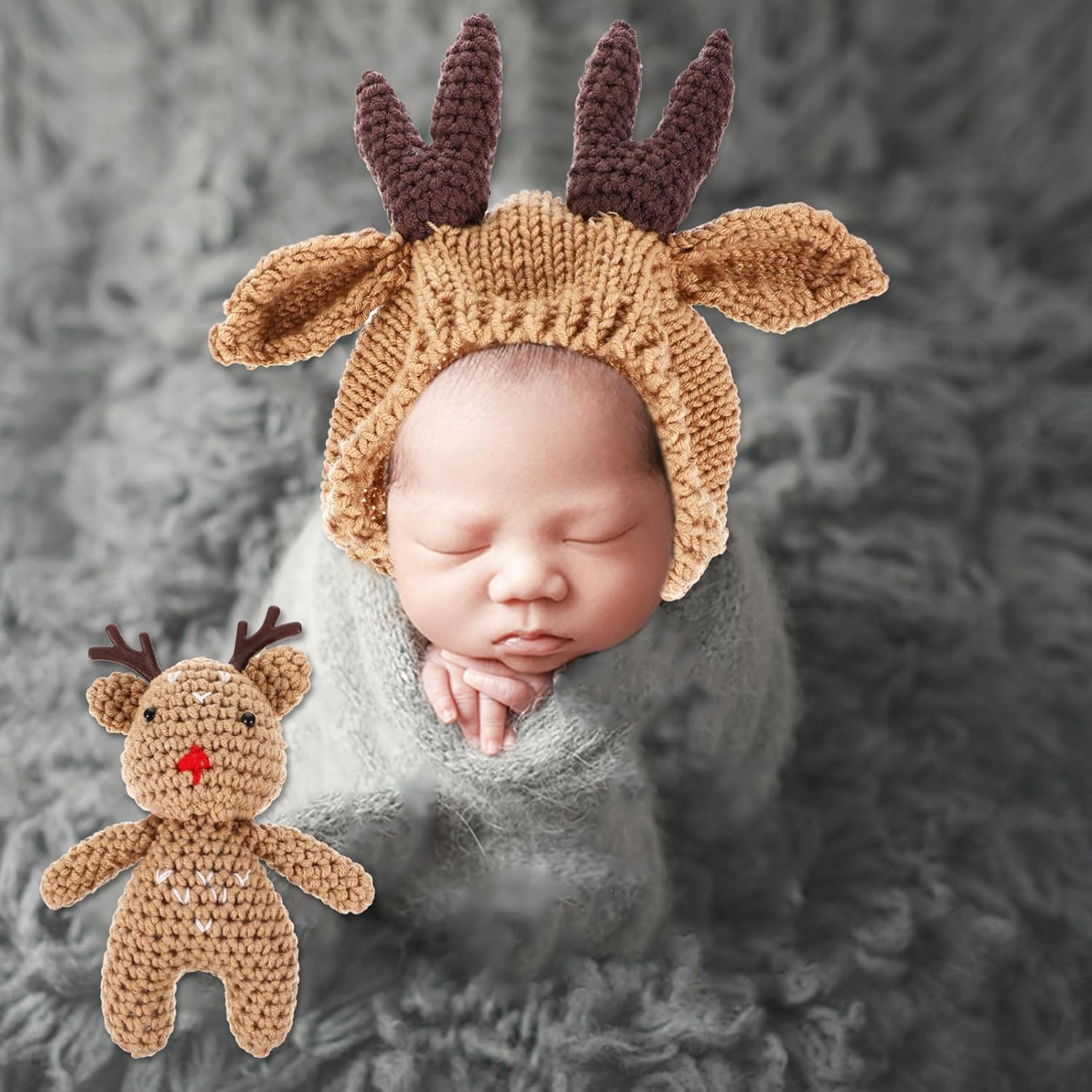 BESPORTBLE Newborn and Boys and Girls Christmas Hat Reindeer Beanie Knit Infant Winter Hat Set Brown