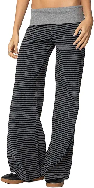 Women's Low Rise Gray Yoga Pants - Wide Leg Fold Over Lounge Sweatpants