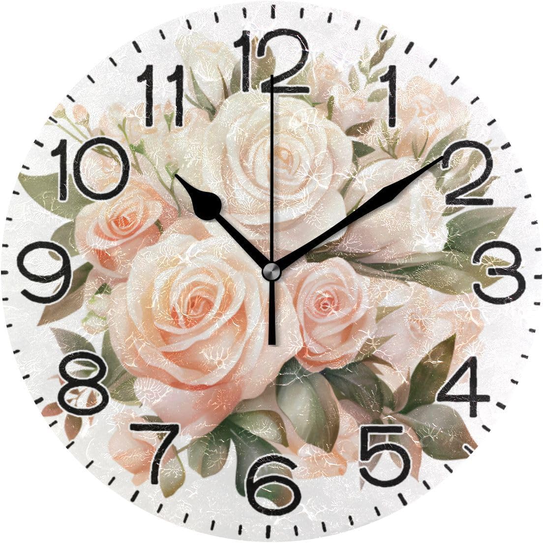 ALAZA Pink Rose Flowers Wall Clock Battery Operated Non Ticking Silent Quartz Analog Rustic Farmhouse Round Clock Retro Decor for Home Kitchen Living Room Bathroom