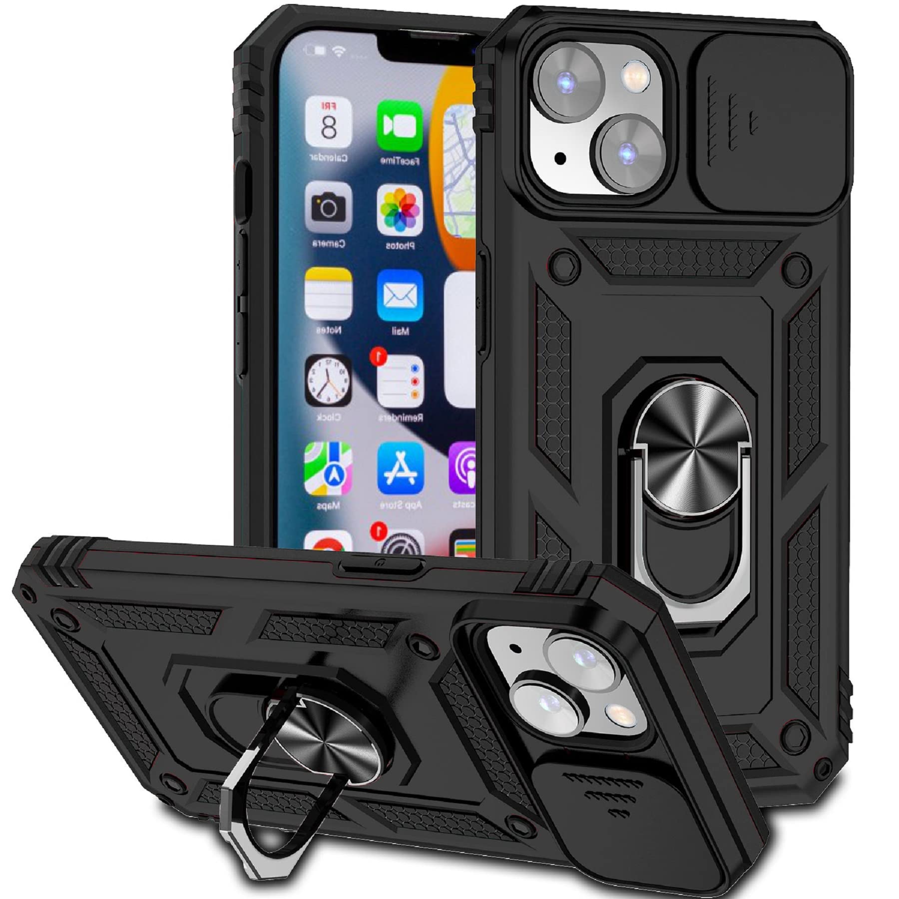 3 Kaiboo Armor Case for iPhone Stand Case with Slide Camera Cover & Kickstand Military Grade Heavy Duty Protective with Magnetic Holder for iPhone 6.1 (Black)