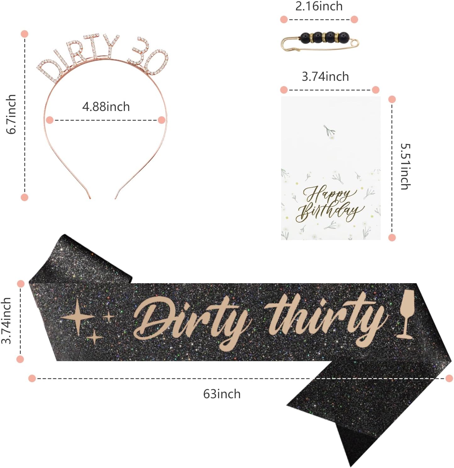 Frutain 30th Birthday Decorations for Her, Dirty Thirty Sash & Headband & Pearl Pin & Birthday Card