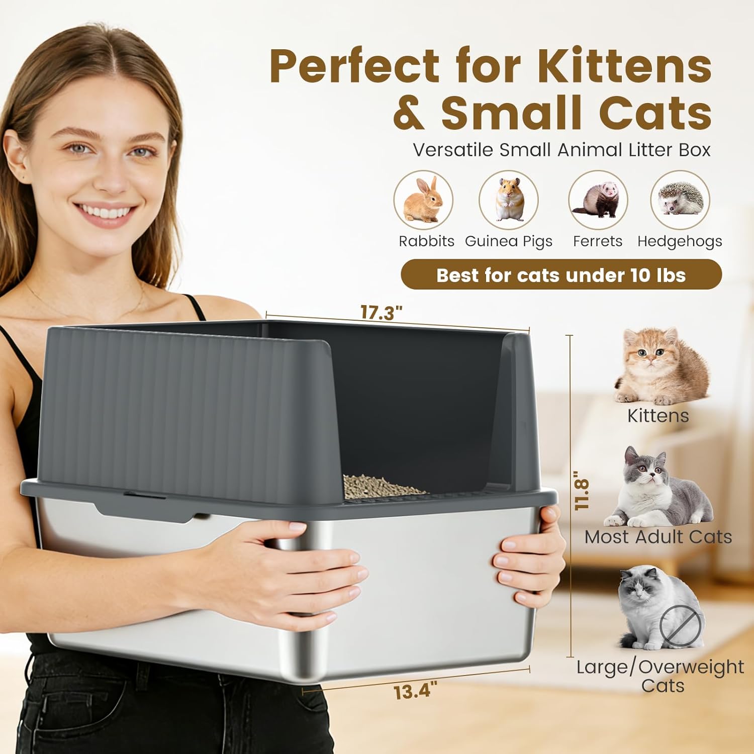 Stainless Steel Metal Litter Box for Kittens & Small Cats, 11.8" High Sides Prevent Litter Scatter, Open Top Litter Pan Anti-Leak & Easy Clean, Compact Space-Saving Size 17.3x13.4x11.8 Inches