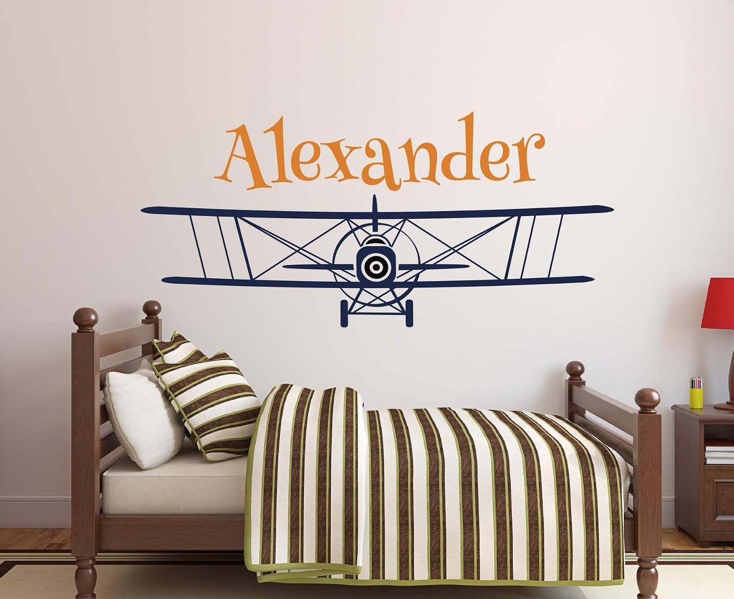 Personalized Airplane Name Wall Decal - Name Wall Decal - Nursery Wall Decal - Biplane Decal - Boys Airplane Decal - Kids Vinyl Wall Decal (60"W x 26"H)