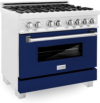 ZLINE 36" 4.6 cu. ft. Dual Fuel Range with Gas Stove and Electric Oven in Fingerprint Resistant Stainless Steel and Blue Gloss Door RAS-BG-36