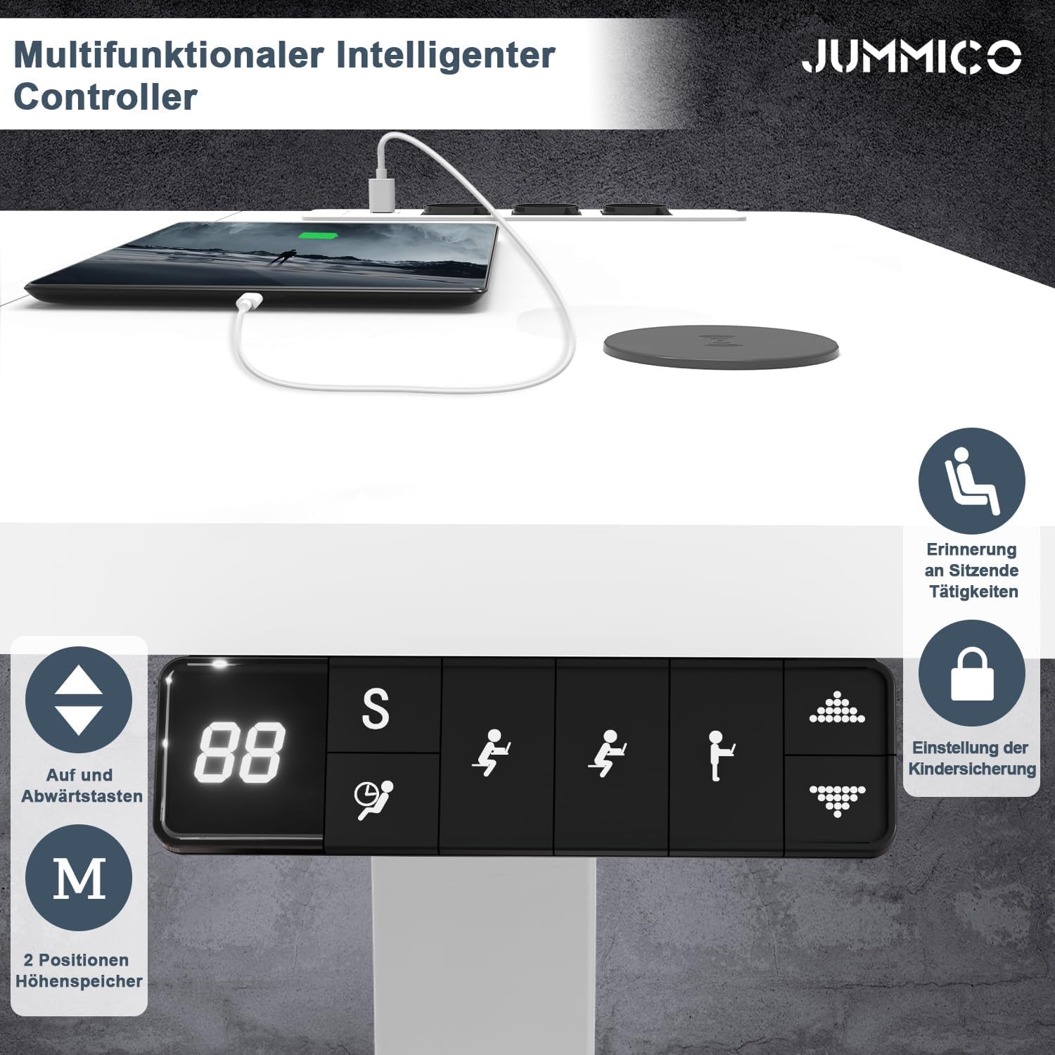 JUMMICO Höhenverstellbarer Schreibtisch 160x80cm mit Kabelloser Ladestation und Euro-Steckdose mit USB, Schreibtisch Höhenverstellbar Elektrisch Stehtisch, Standing Desk Weiß