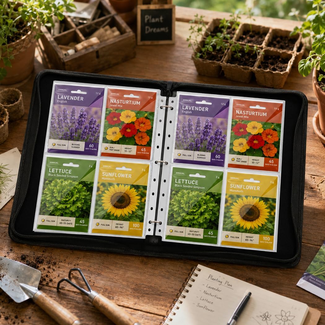 30 Pcs Seed Storage Organizer Sleeves 240 Pockets Double Sided 4 Pocket Seed Packet Organizer 3.8x5.3 Clear Top Loading Seed Binder Organizer Pages Compatible with 3 Ring for Garden Seed Collection image 3