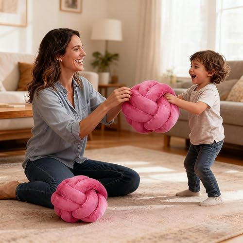 Miniatura 4 de Almohada de nudo de bola, almohada de nudo rosa intenso, almohadas decorativas suaves para el hogar, almohada redonda de felpa rosa anudada para