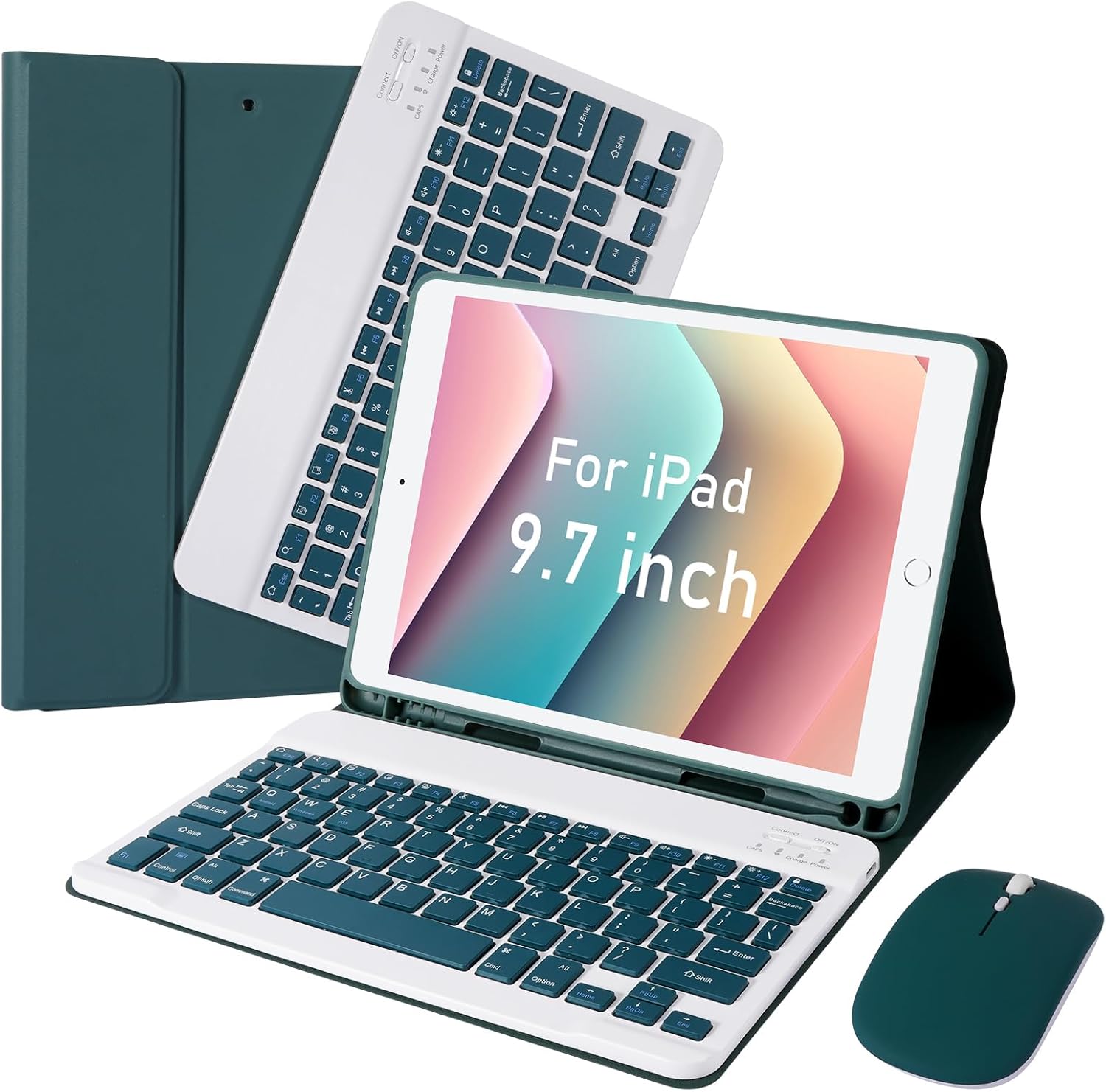 LAMA for iPad 9.7 inch Case with Keyboard and Mouse for iPad 9.7 inch 2018 (6th Gen)/ 2017 (5th Gen)/2016 iPad Pro/Air 2/1, Thin - Detachable - Wireless Keyboard Cover with Pencil Holder, Dark Green
