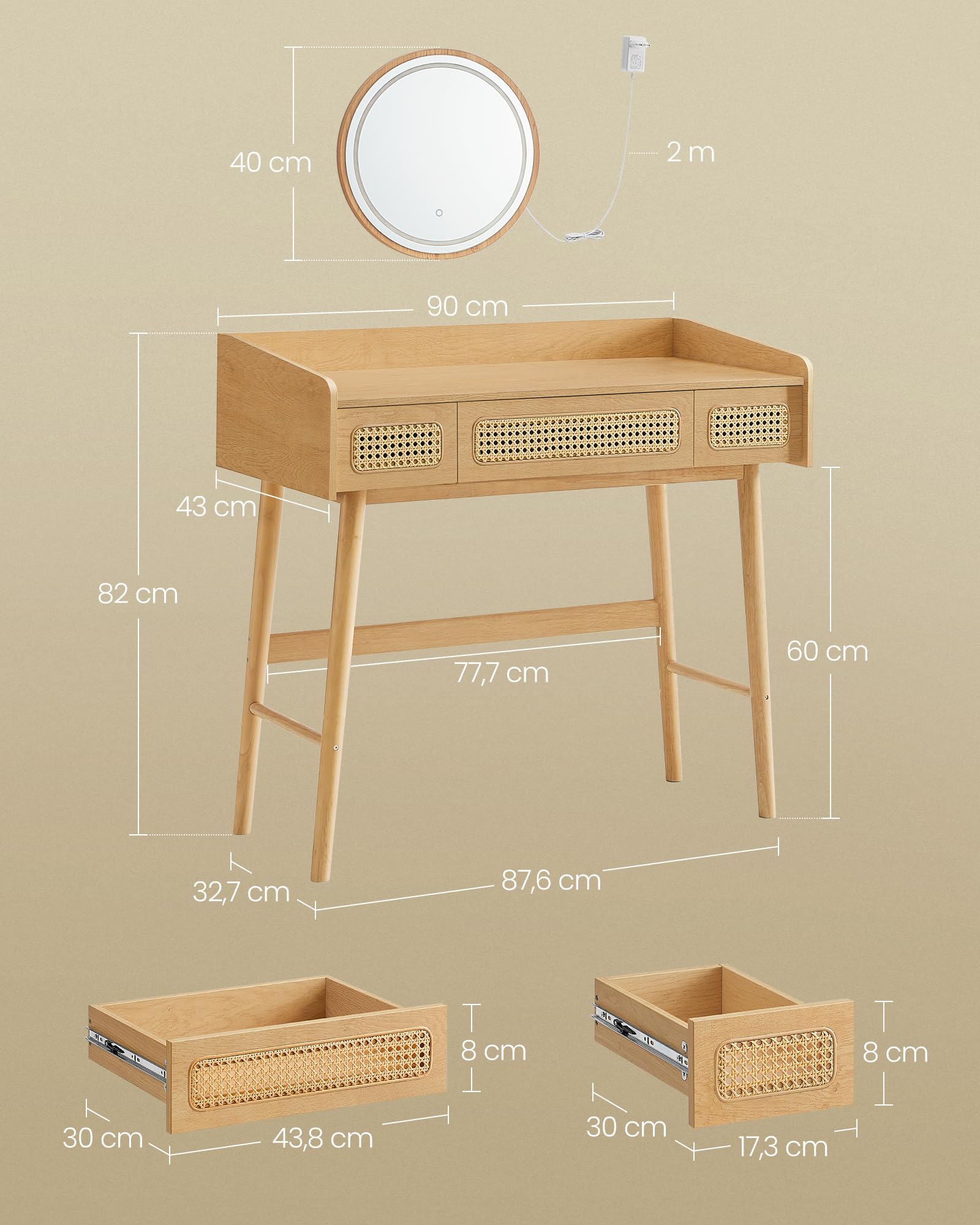 SONGMICS HOME BOHOVEN Kollektion – Schminktisch mit Spiegel, Beleuchtung, Kosmetiktisch 3 Schubladen in Rattan-Optik, Touch-Steuerung, 3 Lichtfarben, dimmbar, Boho-Stil, Schlafzimmer, eichenbeige