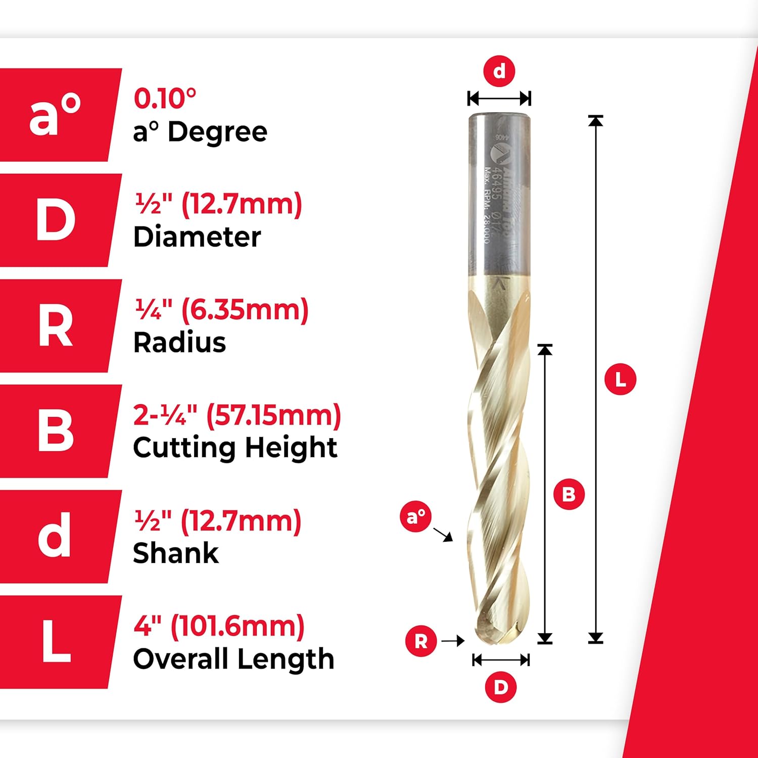 Amana Tool Up Cut Spiral CNC Router Bits for 2D/3D Carving, ZrN Coated, 46495, 0.10 Deg Straight Angle Ball Tip 1/2 D x 1/4 R x 2-1/4 x 1/2 Shk x 3 Fl