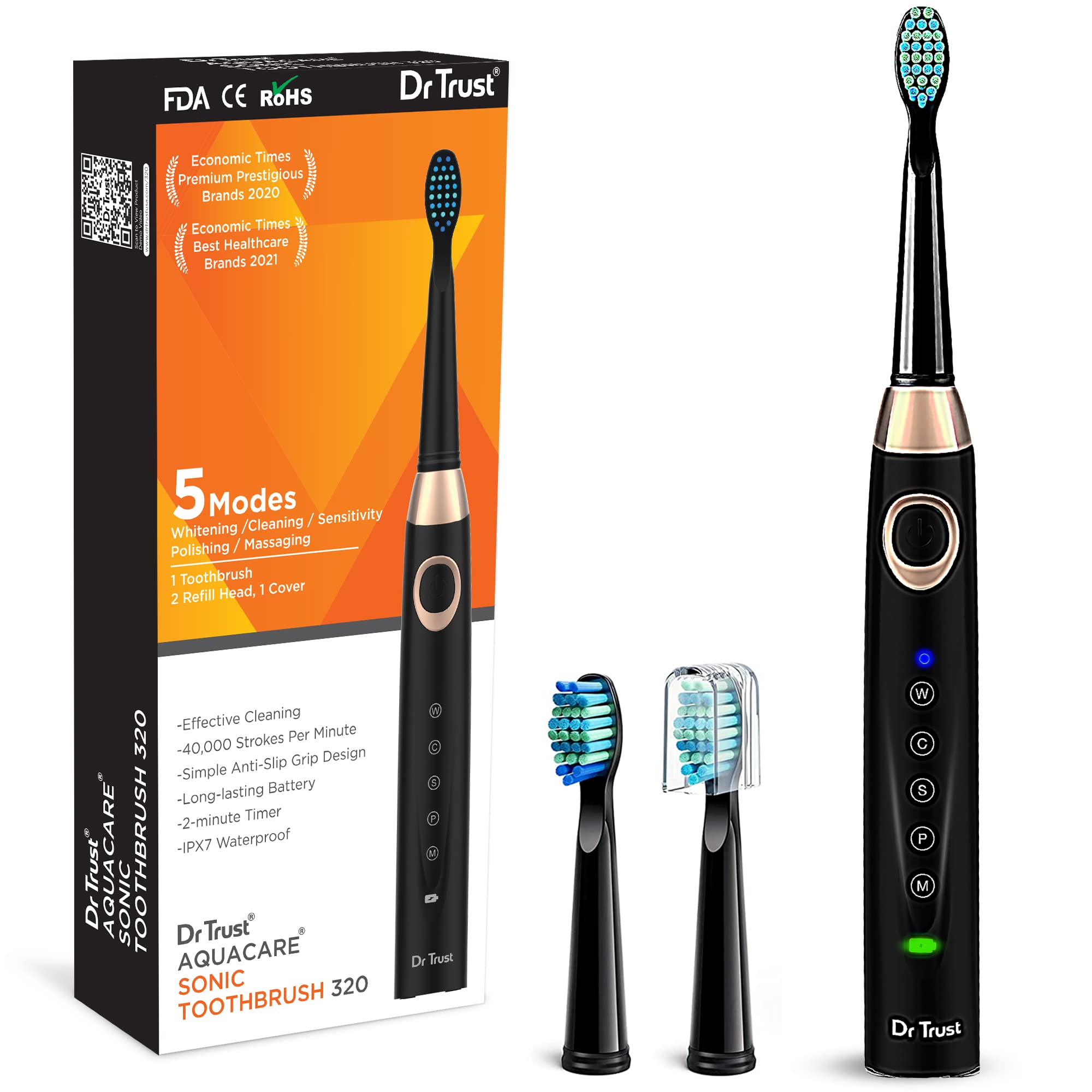 Dr Trust Adult Aquacare Sonic Rechargeable Waterproof Automatic Toothbrush For Men And Women With 40,000 Strokes/Minute Having 2 Replaceable Brush Heads(Black)-320, 2 pieces