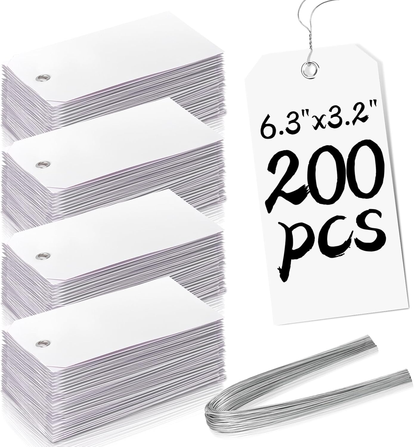 200 Large Sales Tags With String - 6 1/4 x 3 1/8 Inch, Metal Wire Ties, White