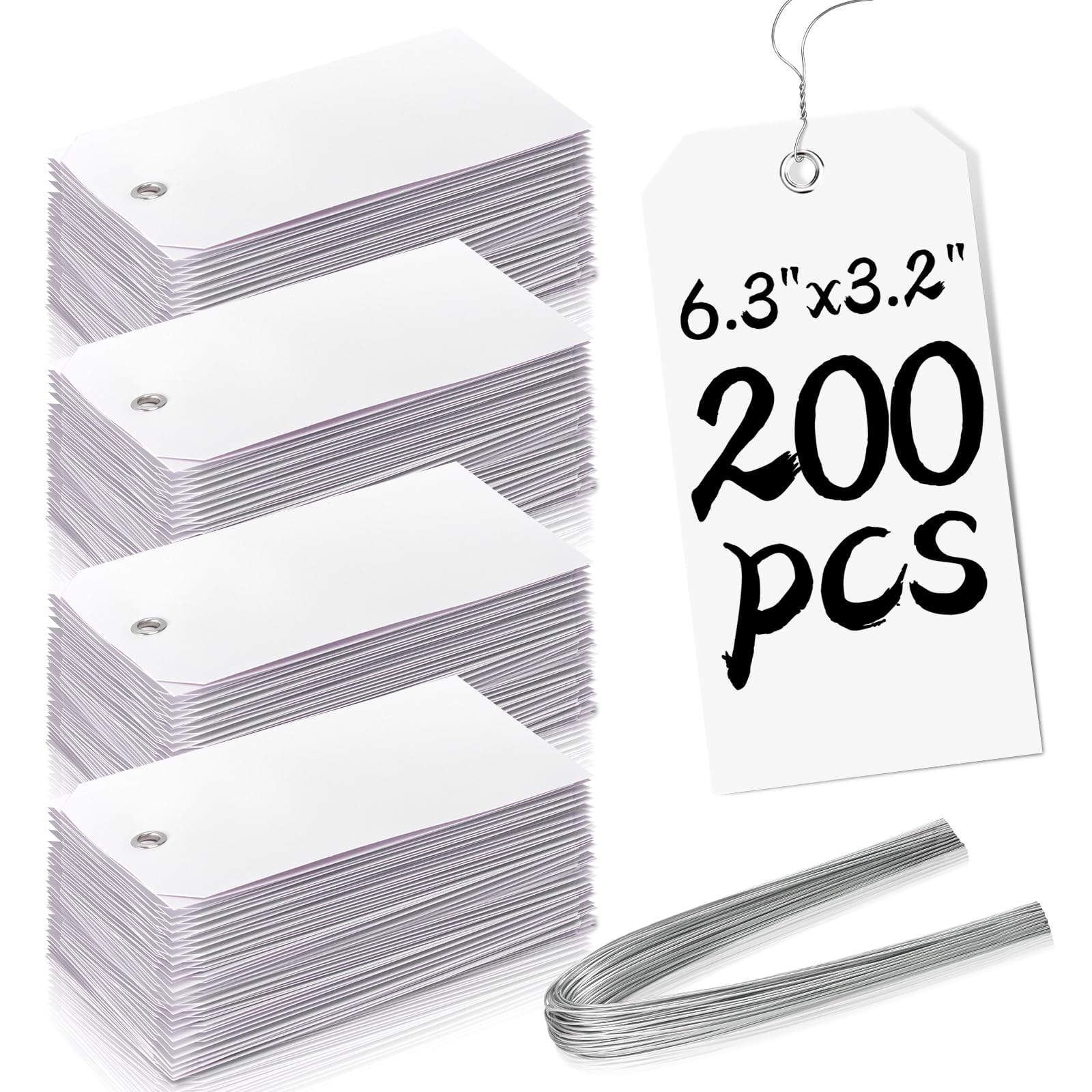 200 Large Sales Tags With String - 6 1/4 x 3 1/8 Inch, Metal Wire Ties, White