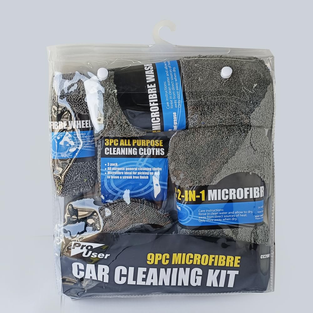 Car Detailing Kit 9 Pieces - Microfiber Wash Mitt, 8-Shaped Sponge, Tire Brush, 3 Towels, 3 Wax Applicator Pads - Complete Car Cleaning Kit for Exterior & Interior (Grey)