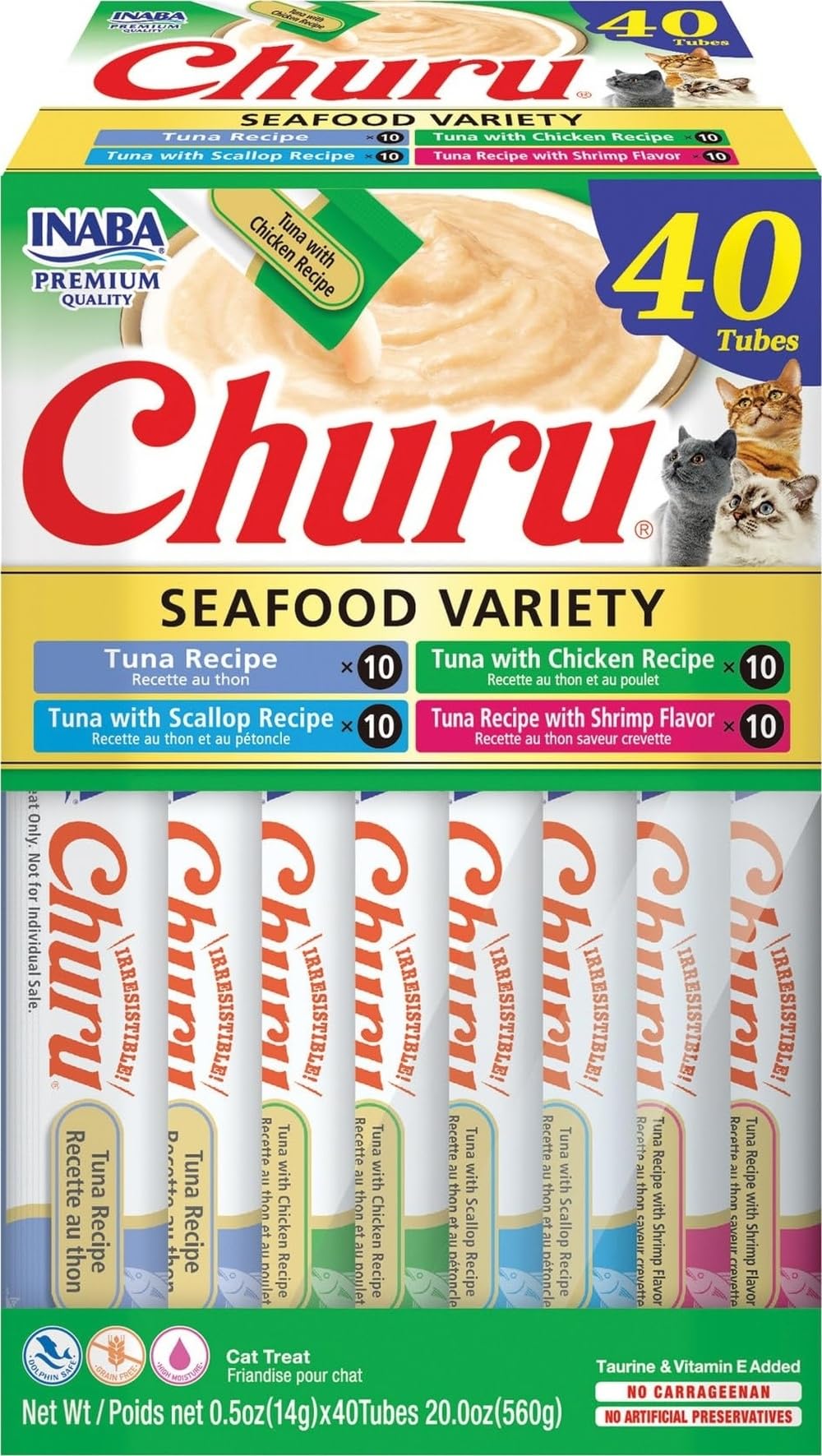 INABA Churu Cat Treats, Lickable, Squeezable Creamy Purée Cat Treat with Green Tea Extract & Taurine, 0.5 Ounces Each Tube, 40 Tubes, Tuna & Seafood Variety Box