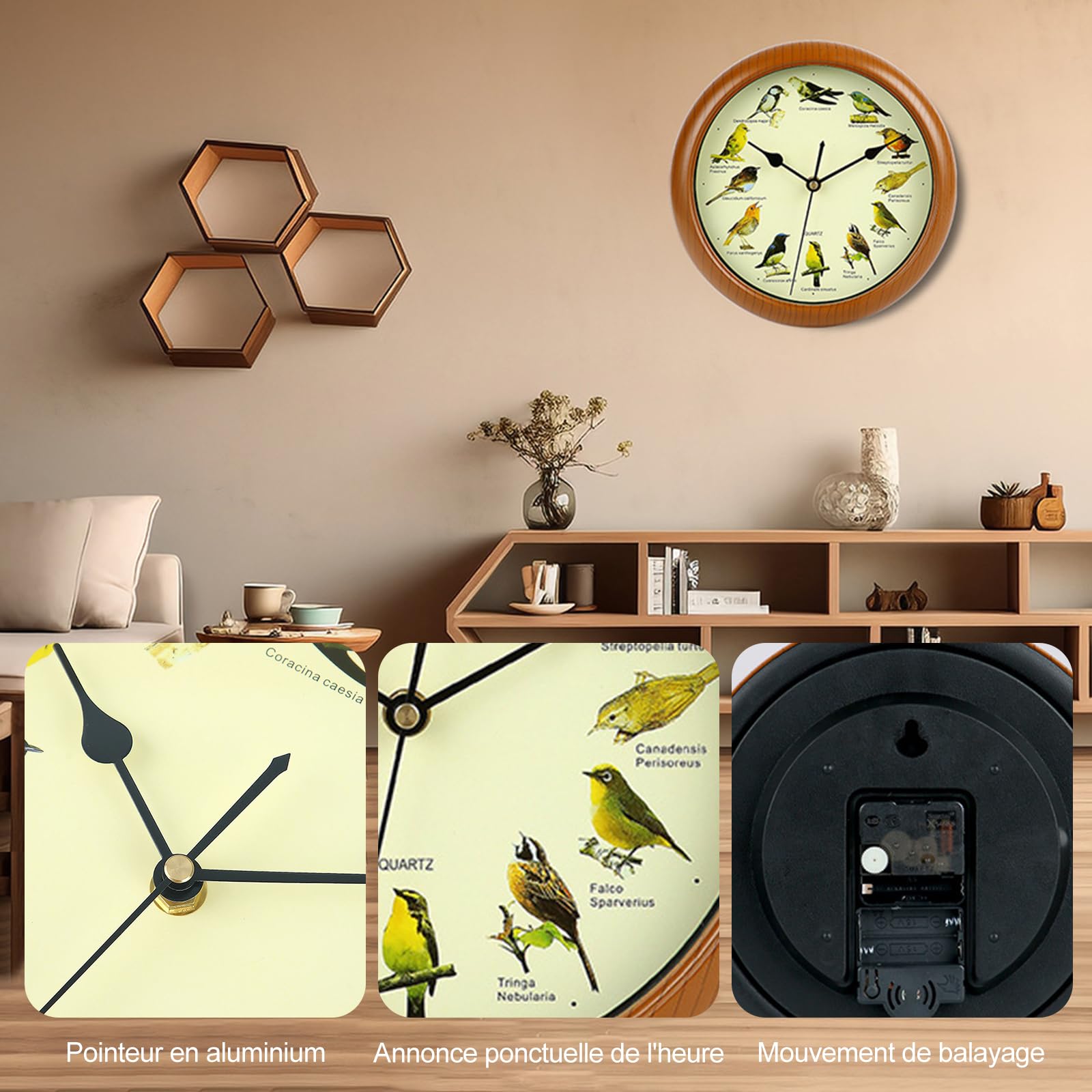 Ergocar Chant De Mur d'Oiseau Horloge Murale Douze Oiseau Chantant Batterie Alimentée (33,02 Cm) 13 Pouces