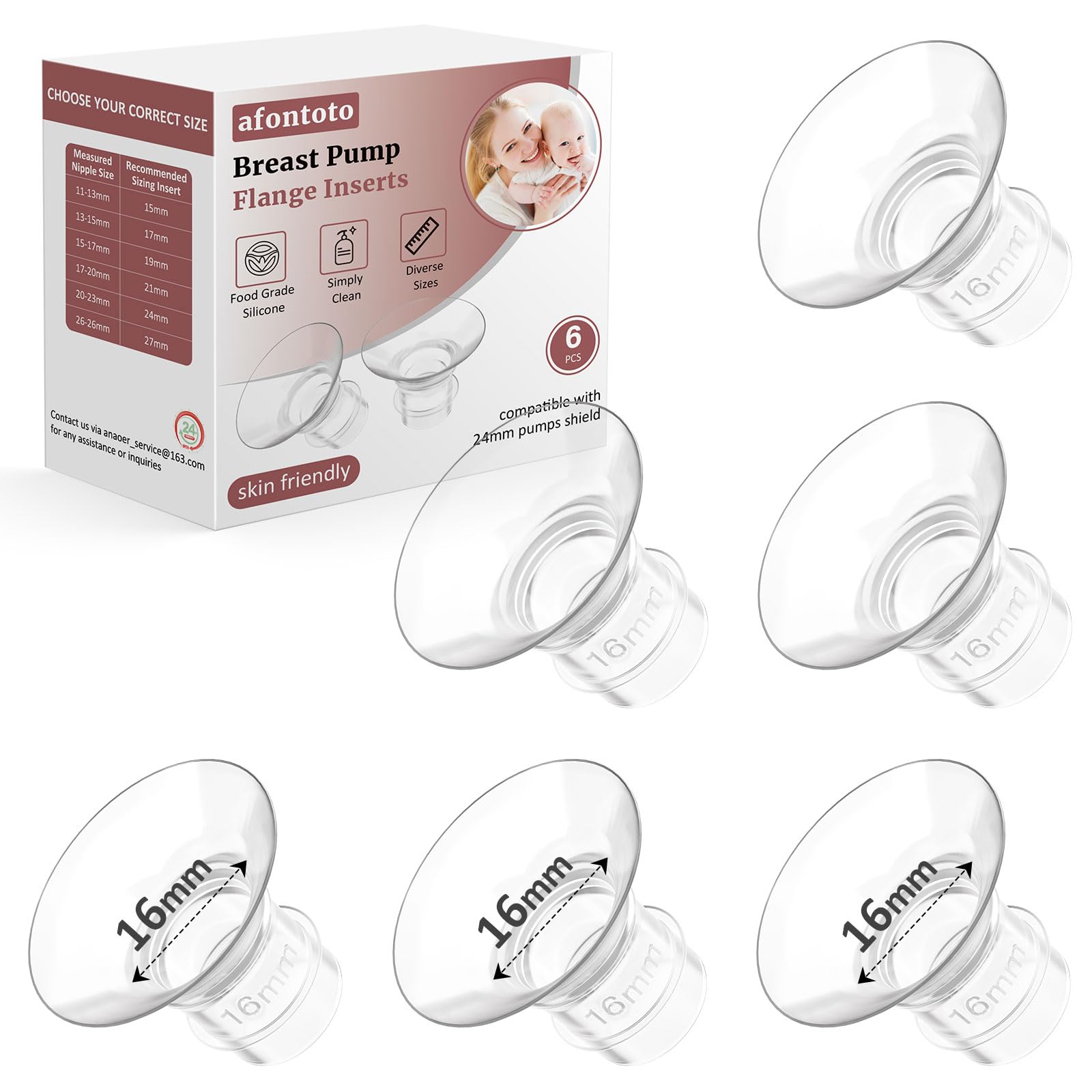 Flange Inserts 16mm for 24mm Flanges/Shields of Pumps, Softer Silicone Flange Insert Compatible with Momcozy/Spectra/eufy/Medela/TSRETE Breastpump,