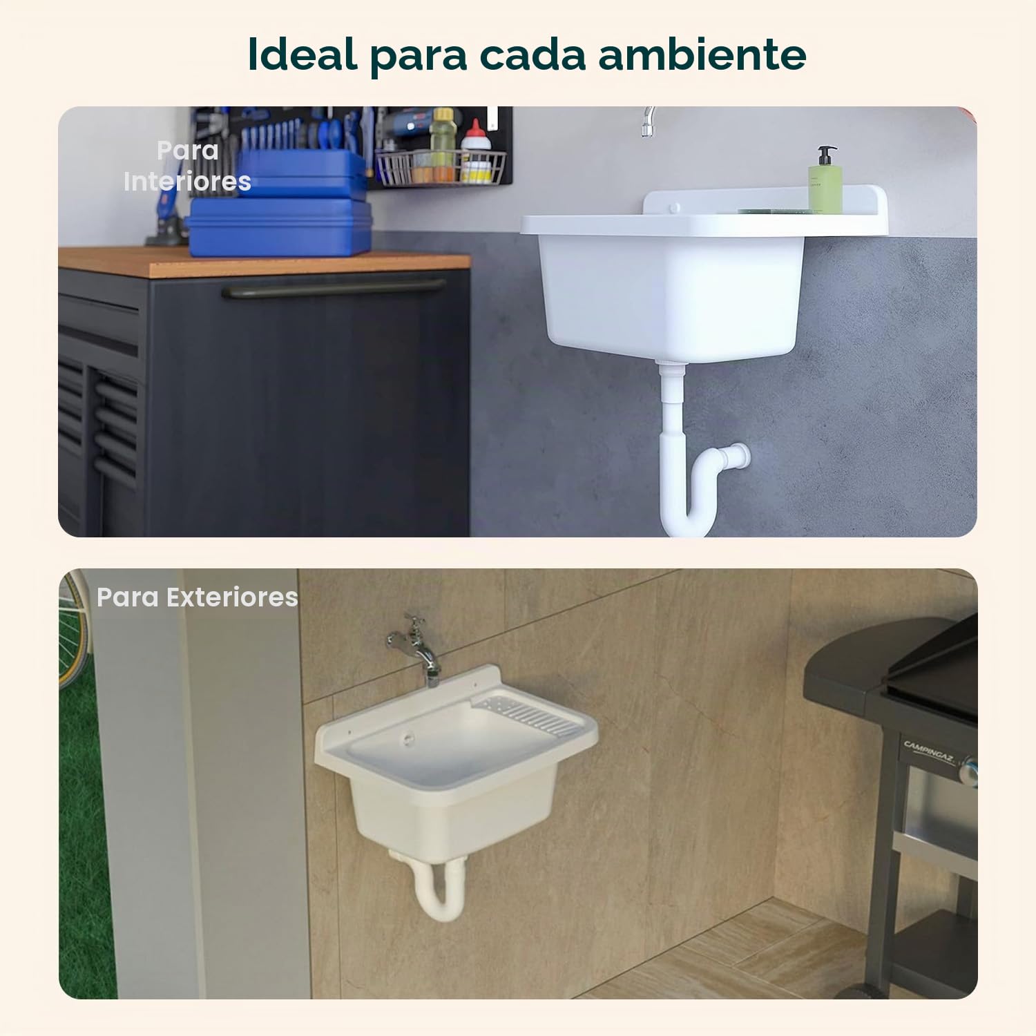 Avilia Lavadero de exterior – Lavabo de pared para lavar ropa a mano, ideal para jardines, terrazas, camping, con superficie antideslizante, de resina, 50 x 35 x 24 cm, blanco