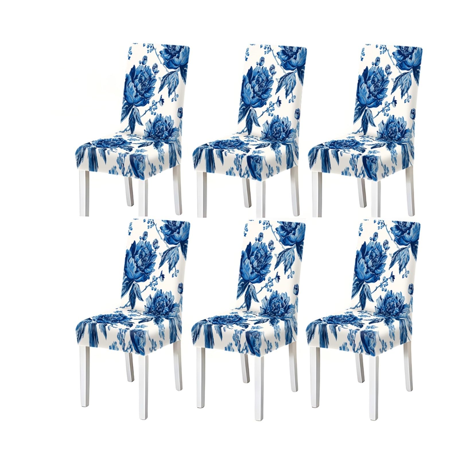 KXUAUV Blue Peony Floral Pattern Print Dining Chair Covers Set Of 2/4/6, Stretch Slipcovers For Kitchen Dining Room Seat Protectors for Restaurant Hotel Party(6PCSChair cover)