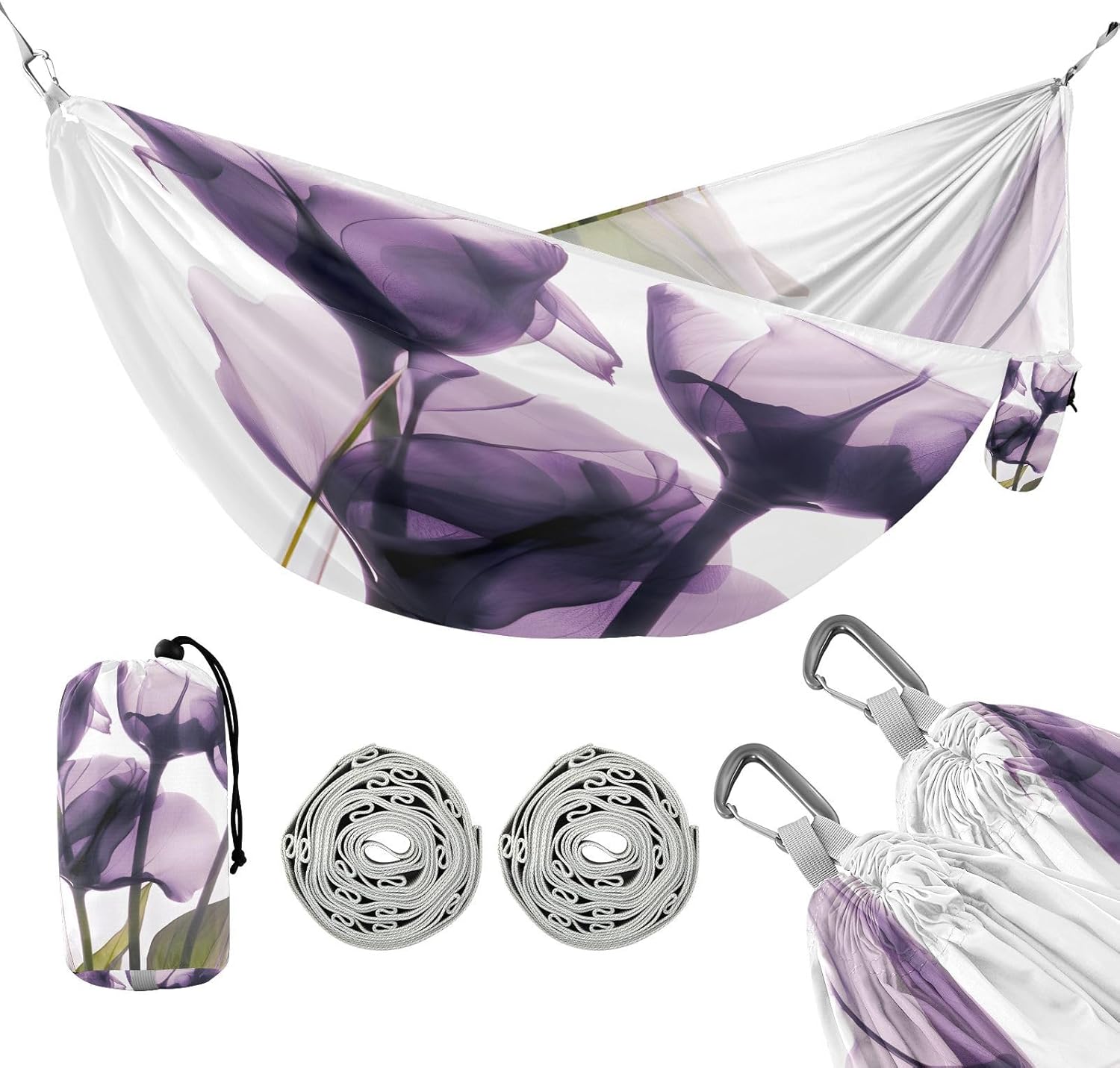ALAZA Purple Calla Lily Camping Hammocks Single or 2 Person 500 lbs Portable Parachute Travel Hammock w/Tree Straps for Hiking Backpacking Indoor Outdoor