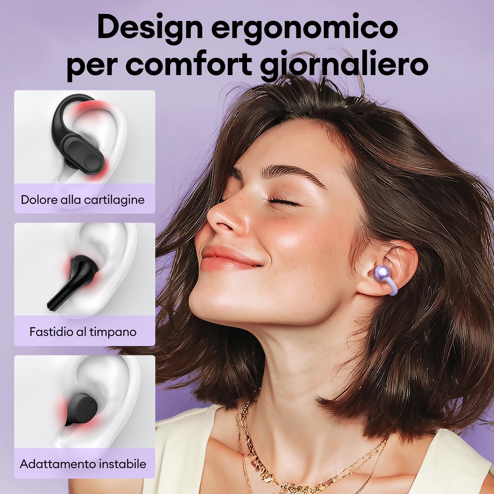ZOMBIES CAT Auricolari Open Ear Clip-on con Schermo Touch Intelligente – Cuffie Bluetooth 5.4, Audio HiFi, Controllo Musicale & Volume, Auricolari Bluetooth per Sport,M100 Viola