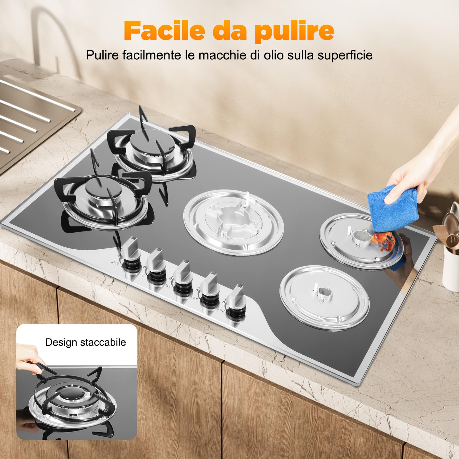 Piano cottura a gas 5 fuochi, Piano cottura a incasso, 5 zone, da incasso LPG/NG, fornello a 5 luci, in acciaio inox per gas naturale/propano