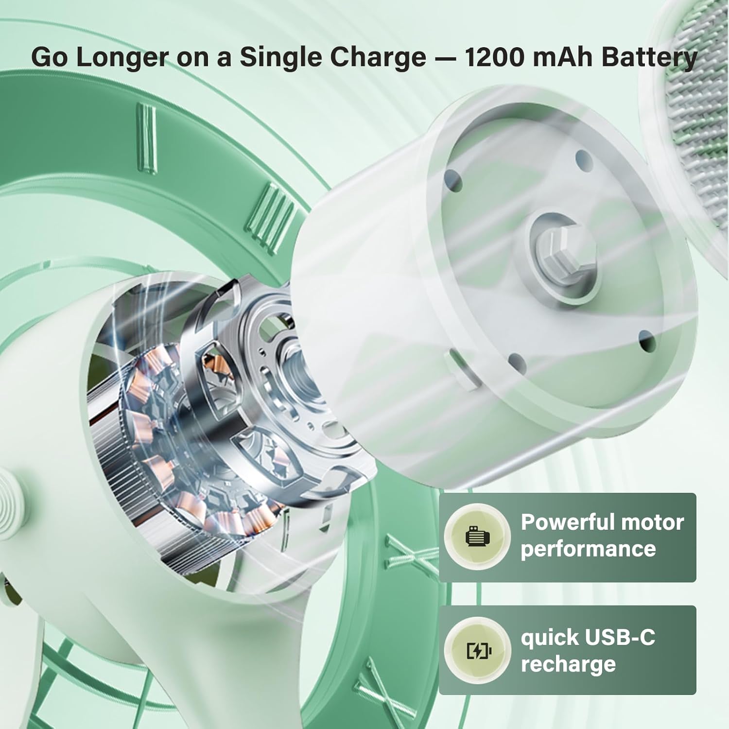 Electric Body Brush Back Scrubber for Shower, 8 Replaceable Heads and Hook, Long Handle, 2-Speed, Type-C Rechargeable, Waterproof, for Cleansing, Exfoliating and Massaging Skin(Green) - Image 6