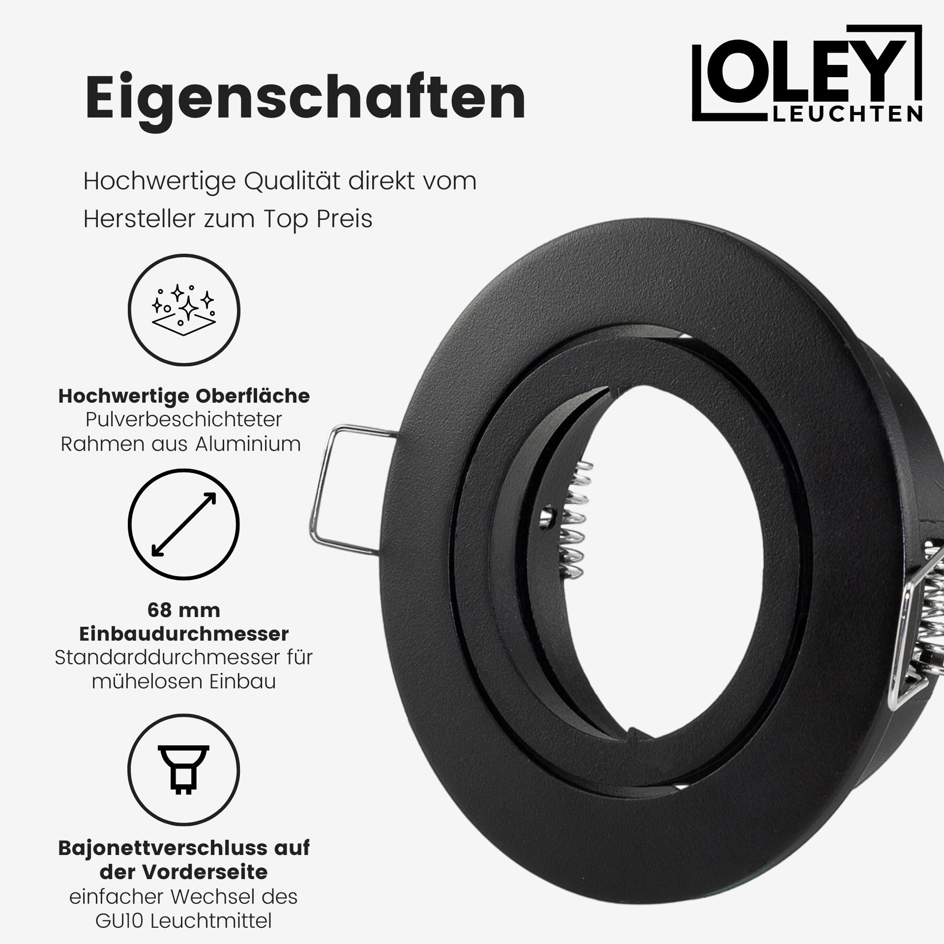 3er Set LUX Frame Einbaurahmen GU10 schwenkbar – Aluminium-Druckguss schwarz pulverbeschichtet – Einbaurahmen Ø 68mm für LED – inkl. GU10-Fassung