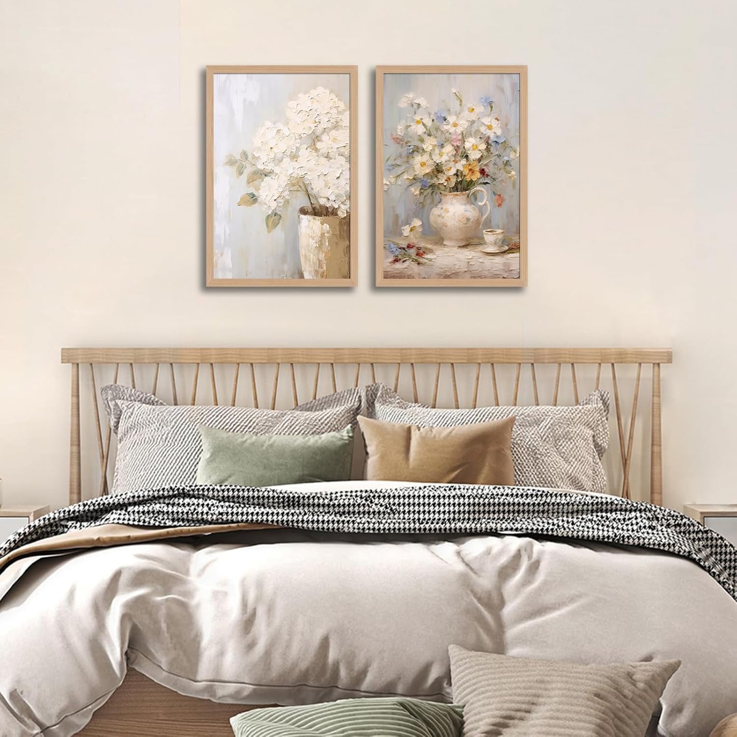 2Pcs Framed Vintage Canvas Wall Art, White Hydrangea Floral daisy Wall Decor Paintings, Flower Pictures Prints Aesthetic Home Decor for Living Room Bedroom Bathroom Office 16x24 inch Ready to Hang