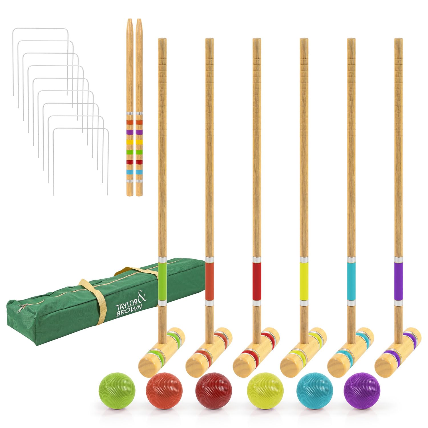 Taylor & BrownSix Player Croquet Set with Deluxe Premium Pine Wooden Mallets, Coloured Balls, Wickets, Stakes - Family Lawn Backyard Game Set, Includes Carry Bag
