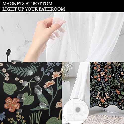 Vista 5 de Tititex Juego de cortinas de ducha sin ganchos con forro a presión, hojas florales rojas rústicas en negro, cortinas de baño decorativas de hotel