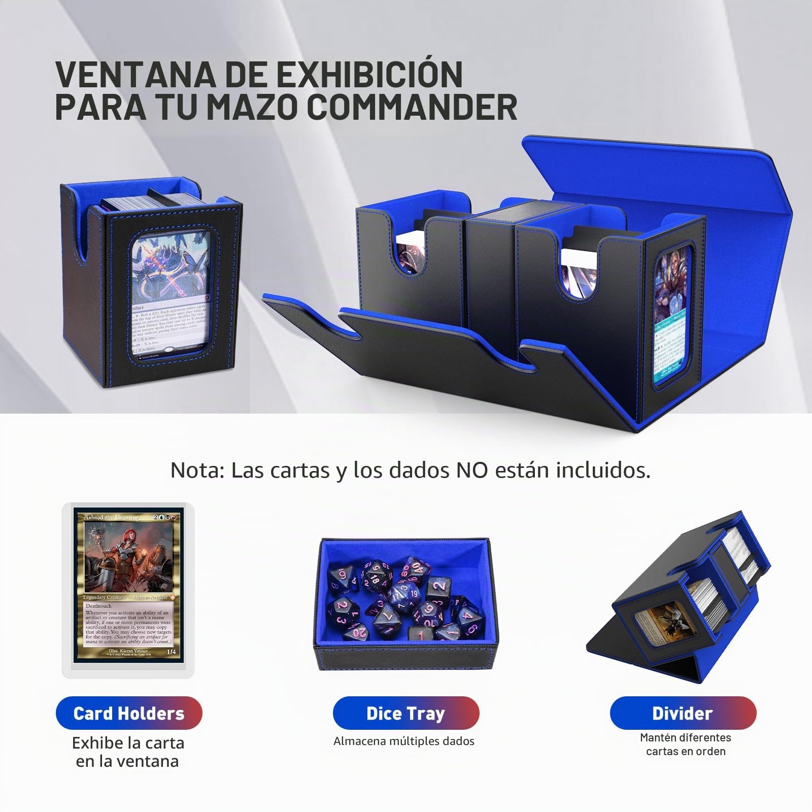 TiMOVO Caja de Cartas para MTG, Soporte Mazo de Cartas para 200+ Cartas de Doble Funda, Deck Box con 2 Expositores & 4 Divisores & Bandeja de Dados para YuGiOh, TCG, CCG Cartas Mágica, Negro&Azul