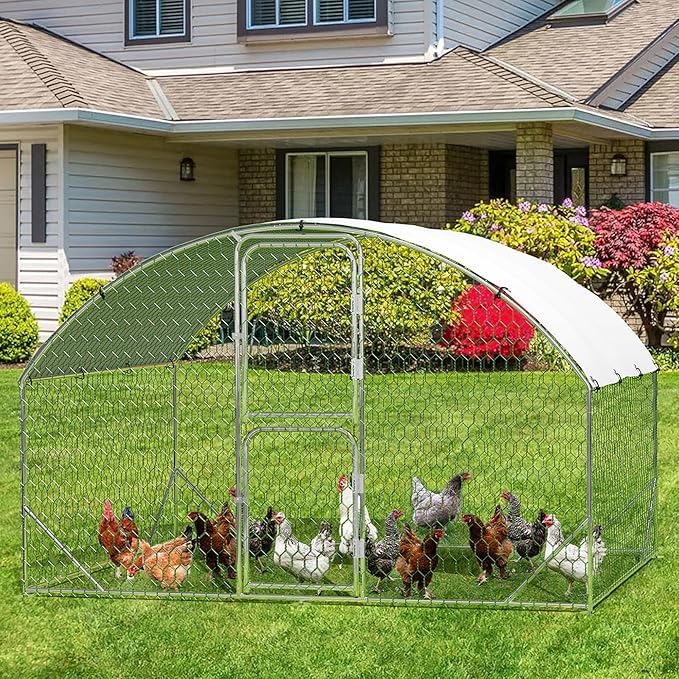 Heavy Duty Walk-in Chicken Coop, Large Metal Poultry Cage with Waterproof UV Cover & Round Top Design, Outdoor Hen House for Backyard (Dome with
