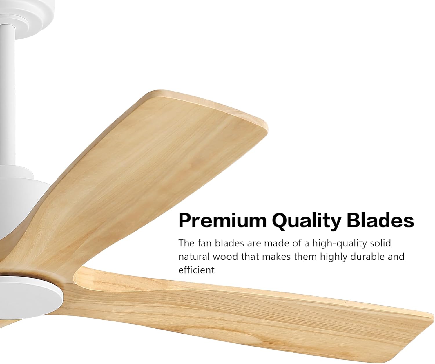 WINGBO 48" DC Ceiling Fan without Lights, 4 Carved Solid Wood Blades, 6-Speed Noiseless Reversible DC Motor, Modern Ceiling Fan No Light with Remote, White Finish with Oak Blades, ETL Listed