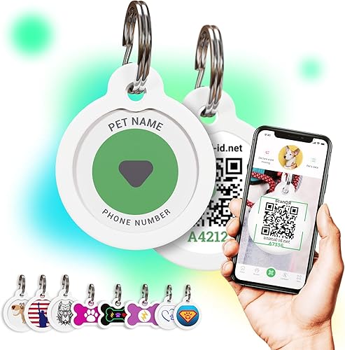 Placa de identificación de perro con código QR personalizada para mascotas, placa silenciosa grabada con perfil en línea (logotipo verde)