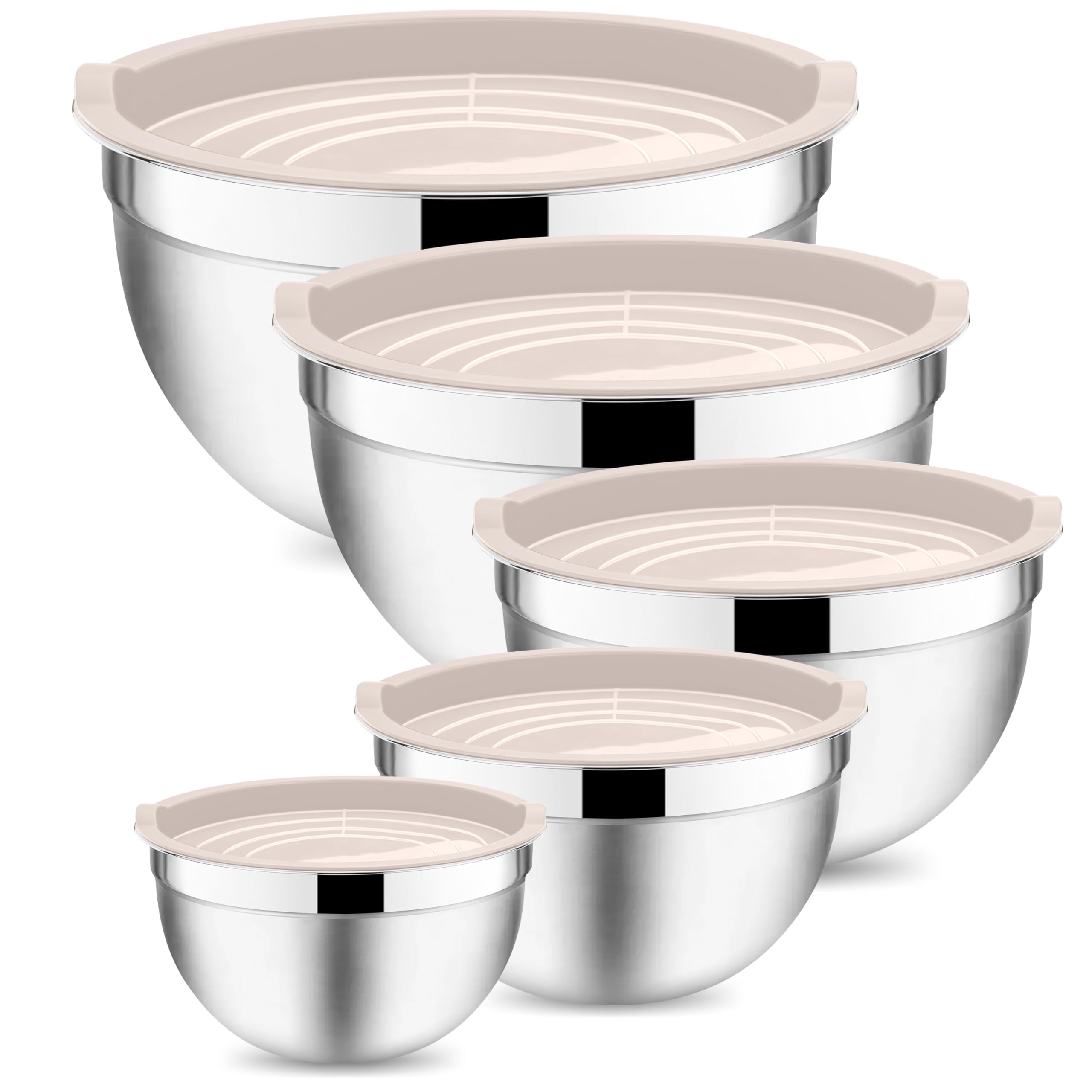 Onader Rührschüssel, 5-Teilig Edelstahl Salatschüssel Schüssel Set mit Luftdichtem Deckel, Perfekt für Backen/Kochen/Zubereitung, Stapelbar & Spülmaschinenfest, 4,6/2,8/1,6/1,2/0,7L - Khaki