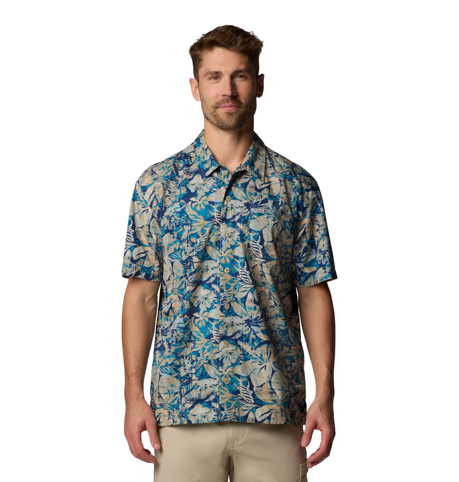 Columbia Men's PFG Trollers Best Short Sleeve Fishing Shirt, Blue Echo Wild Caught, Large